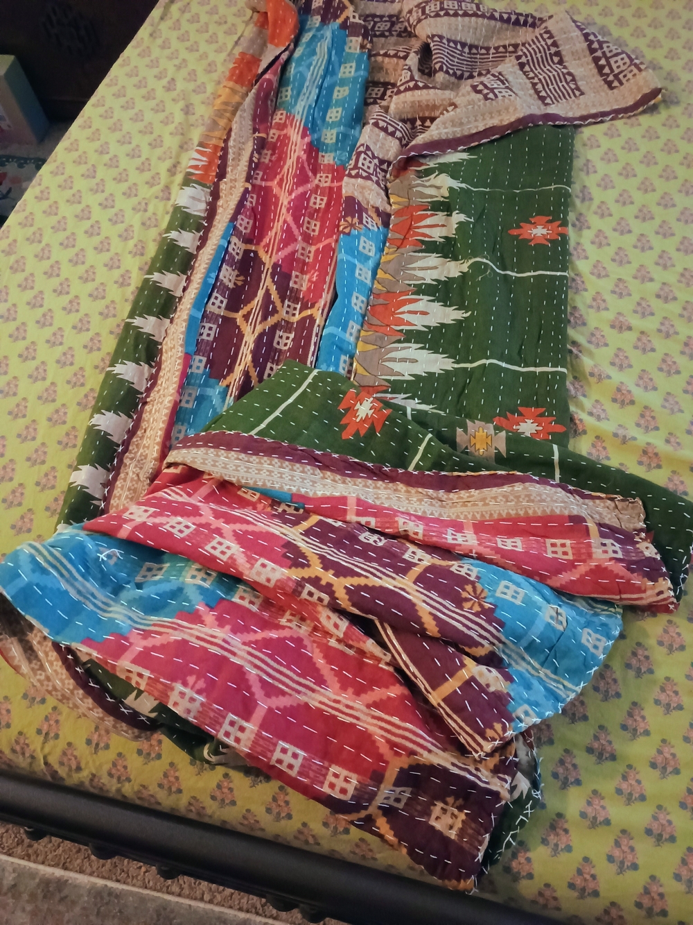Multicolor Kantha-Style Cotton Quilt Throw - Green, Blue, Pink Accents